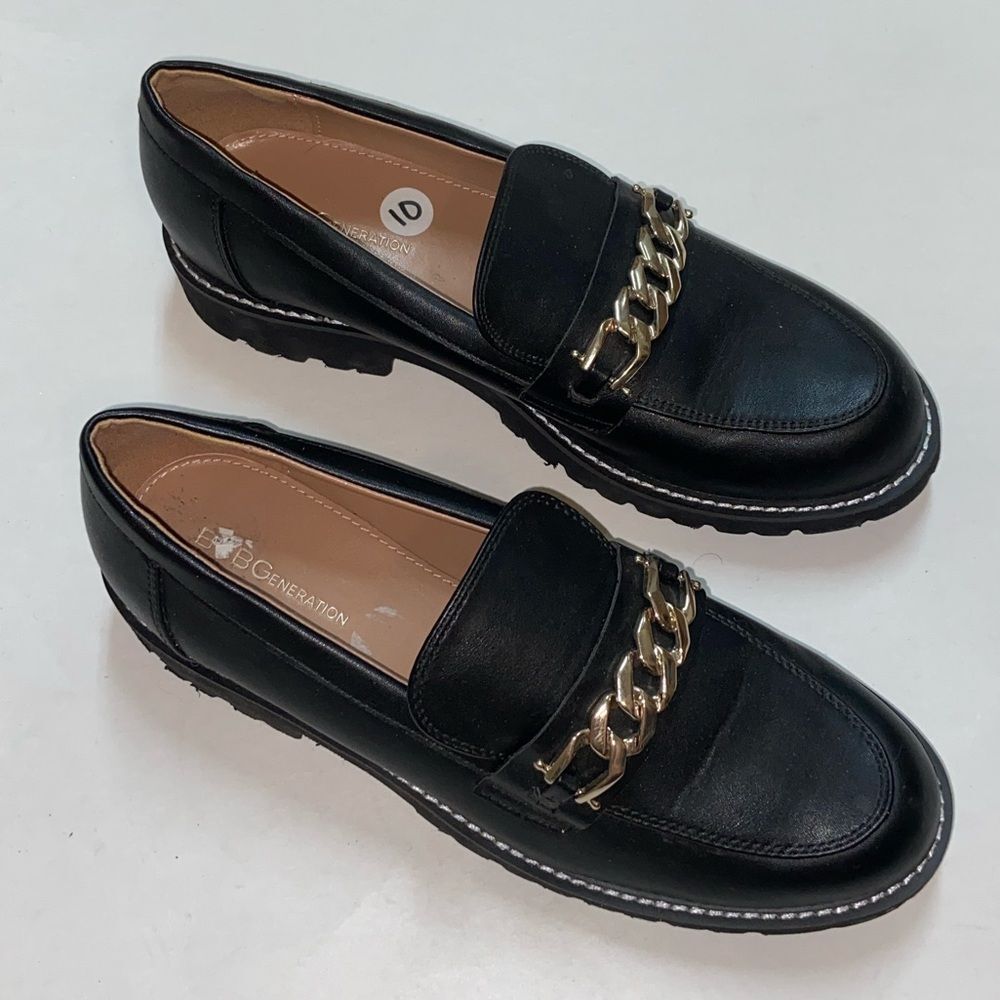 Bcbg Eneration Womenâs Elegant Black Loafers With Silver Chain Detail Size 10m